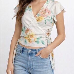 Gianni Bini Cream Floral Wrap Crop Top with Pastel Yellow & Pink Flowers